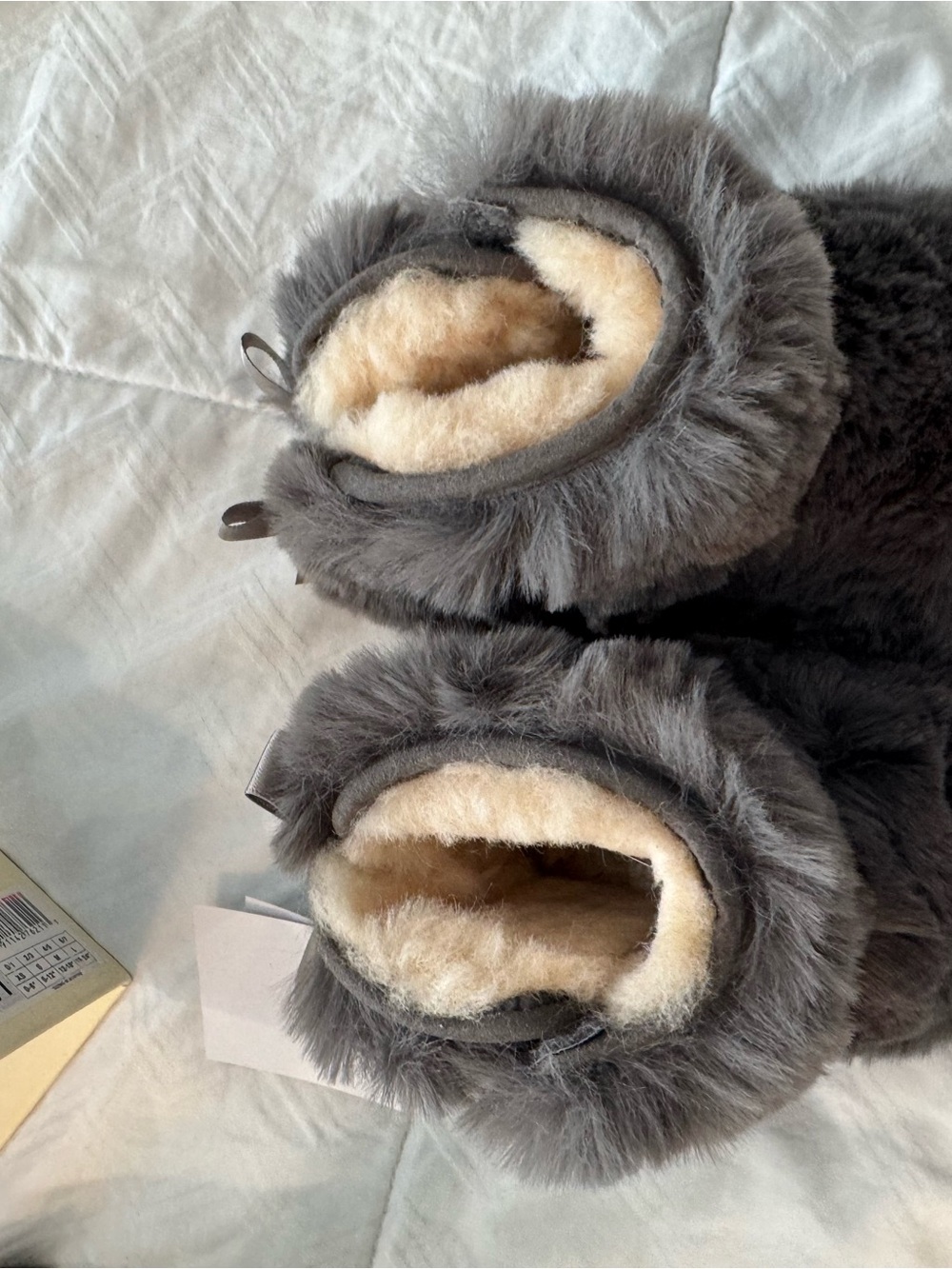 UGG Kids Gray Faux Fur Boot Slippers with Cream Lining